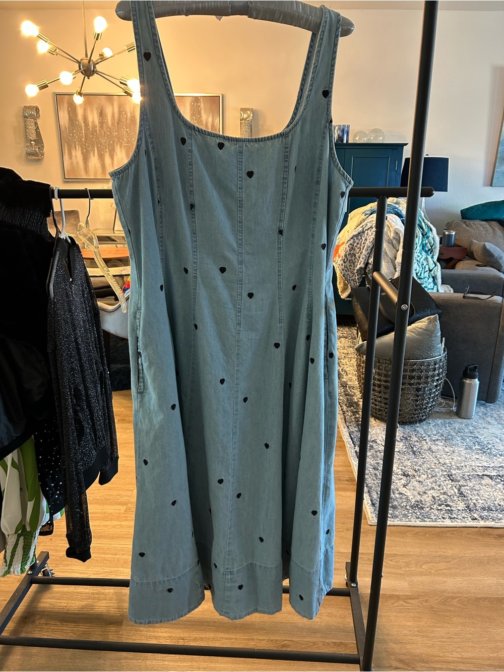 Sleeveless Denim Blue Heart-Print Midi Dress